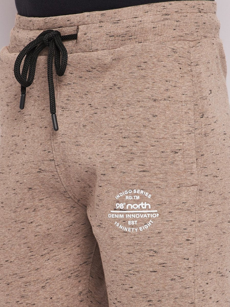 Close-up of 98degreenorth Men’s Camel Melange Fleece Trackpants—lightweight brushed knit joggers, ideal for winter casual wear.