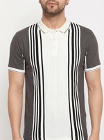 Man in 98degreenorth Men's Charcoal Grey Vertical Striped Polo T-Shirt—Pique Knit, black and white stripes.