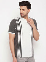 Man in 98degreenorth Charcoal Grey Vertical Striped Polo T-Shirt and gray pants, looking to his left.