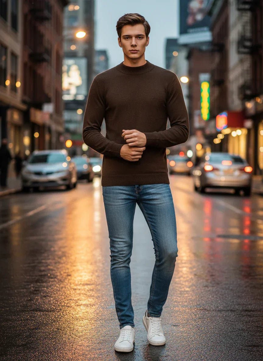 A man in a 98degreenorth Coffee Merino Wool Turtle Neck Sweater stands on a wet city street at night.