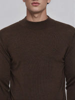 A man wears the 98degreenorth Coffee Merino Wool Turtle Neck Sweater—ideal for smart winter office wear.