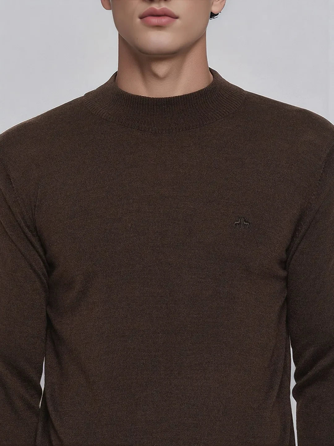 A man wears the 98degreenorth Coffee Merino Wool Turtle Neck Sweater—ideal for smart winter office wear.