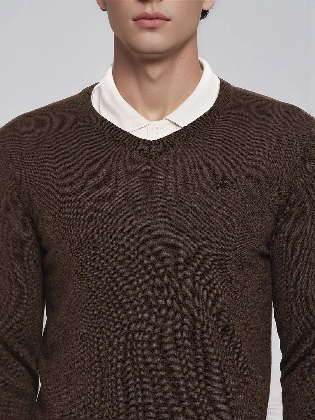 Man in a 98degreenorth Men’s Coffee Merino Wool V-Neck Sweater over a white shirt, shown shoulders to mouth.