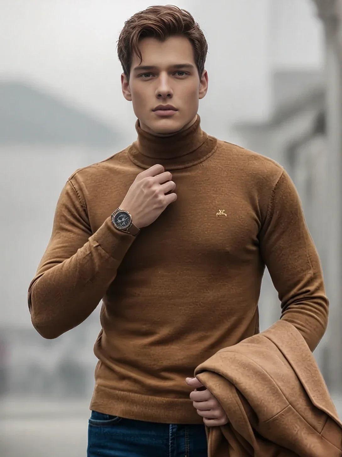 A man in a 98degreenorth Dark Khaki Merino Wool Turtle Neck Sweater holds a matching coat on a foggy day.