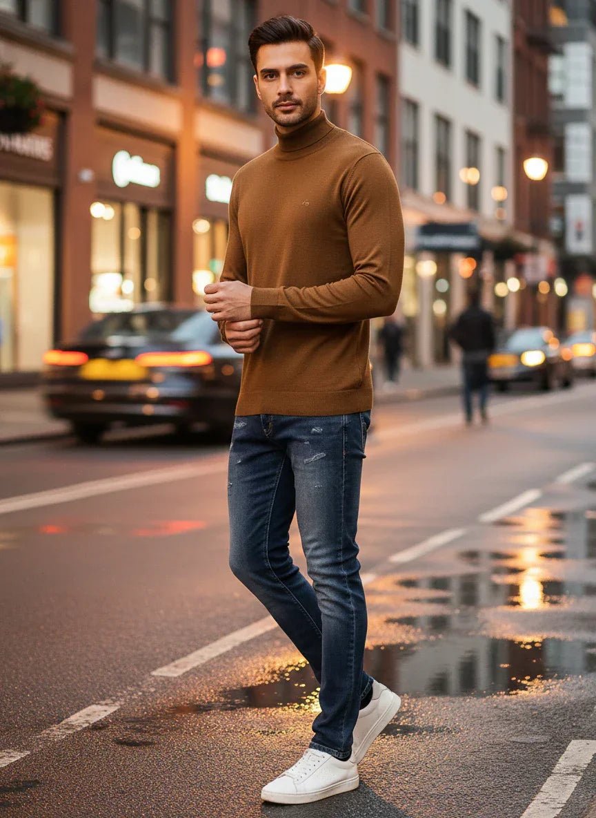 A man in a 98degreenorth Men’s Dark Khaki Merino Wool Turtle Neck Sweater stands on a wet city street.