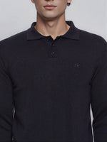 Man wearing 98degreenorth Men’s Dark Navy Merino Wool Polo Sweater, full-sleeve winter pullover, shown shoulders to waist.