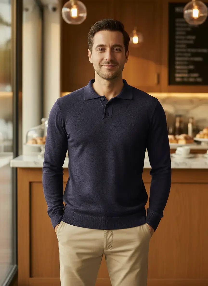 A man smiles in a cafe wearing the 98degreenorth Men’s Dark Navy Merino Wool Polo Sweater.
