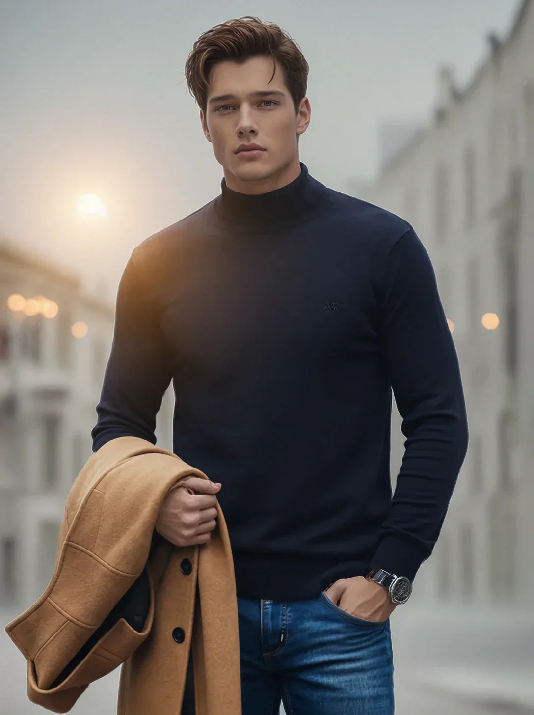 A man in a 98degreenorth dark navy merino wool turtle neck sweater holds a tan coat on a city street at night.