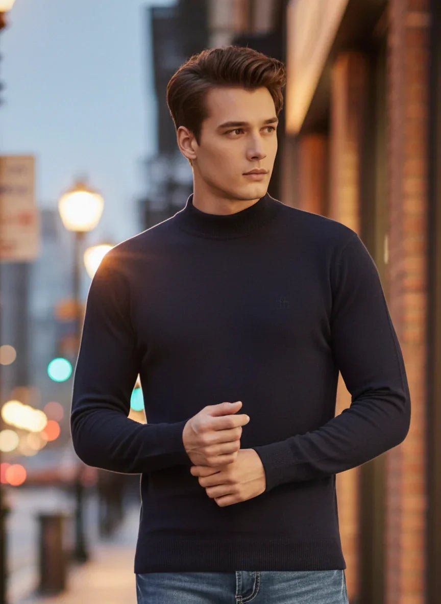 A man wears the 98degreenorth Men’s Dark Navy Merino Wool Turtle Neck Sweater on a city street at dusk in India.