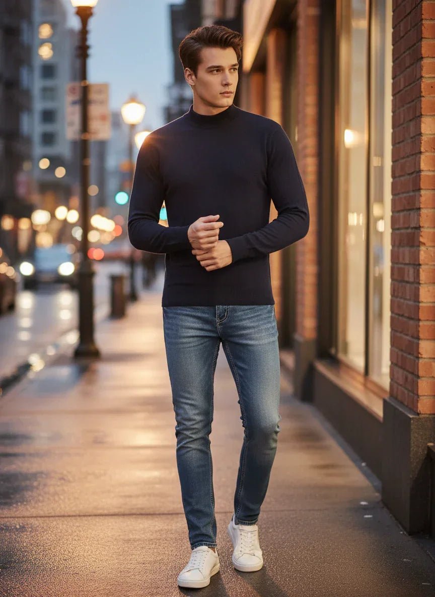 A man in a 98degreenorth Dark Navy Merino Wool Turtle Neck Sweater walks on a city sidewalk at dusk.