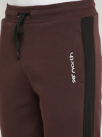 98degreenorth Men’s Dark Wine Fleece Trackpants with side panel—warm, stylish winter joggers for athleisure in India.