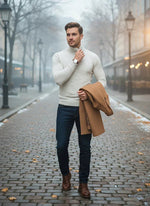 A man in jeans walks a foggy street, wearing the 98degreenorth Men’s Ecru Merino Wool Turtle Neck Sweater.