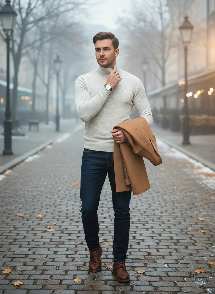 A man in jeans walks a foggy street, wearing the 98degreenorth Men’s Ecru Merino Wool Turtle Neck Sweater.