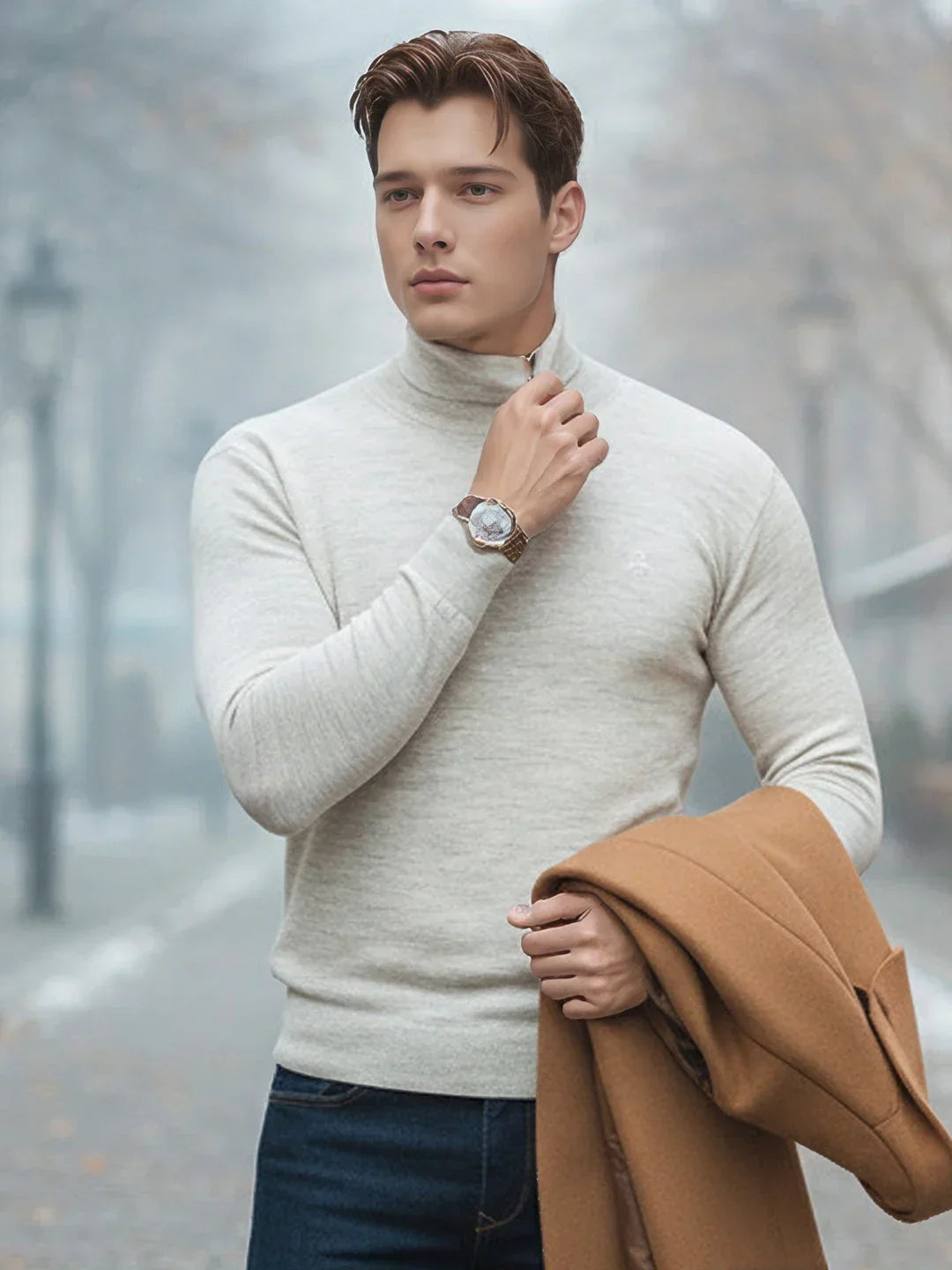 A man wears a 98degreenorth Men’s Ecru Merino Wool Turtle Neck Sweater, holding a brown coat on a misty street.