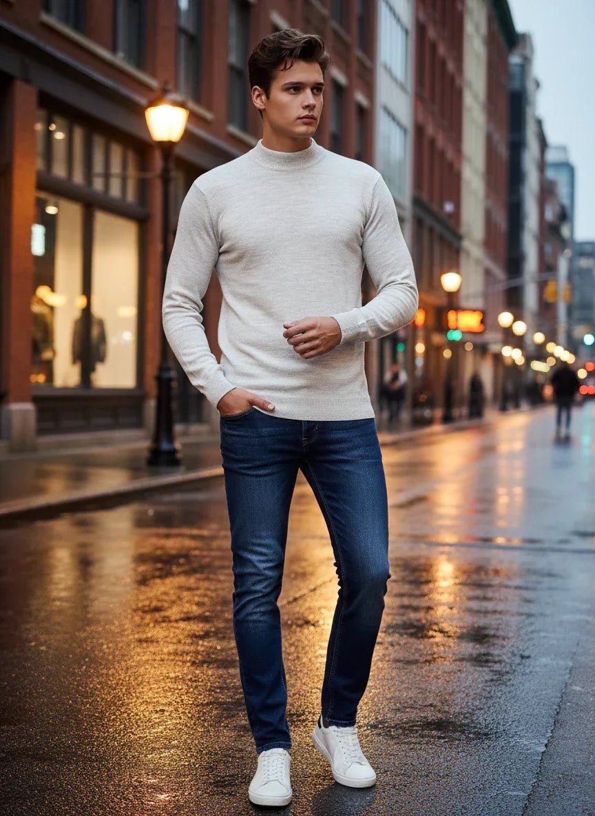A man wears the 98degreenorth Men’s Ecru Merino Wool Turtle Neck Sweater with jeans on a wet city street at dusk.