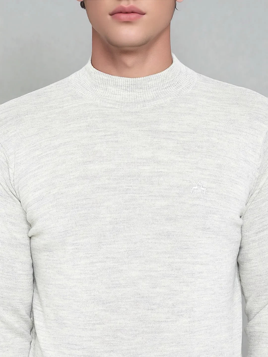 Man in a 98degreenorth Men’s Ecru Merino Wool Turtle Neck Sweater, shown from shoulders to lips.