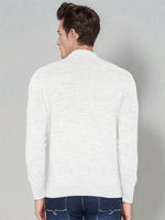 Man with short brown hair wears a 98degreenorth Men’s Ecru Merino Wool Turtle Neck Sweater, facing away.