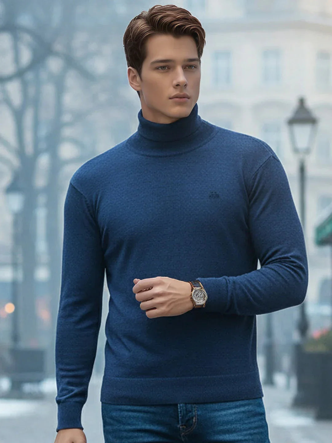 A man wears the 98degreenorth Light Denim Merino Wool Turtle Neck Sweater in a city on a cloudy day.