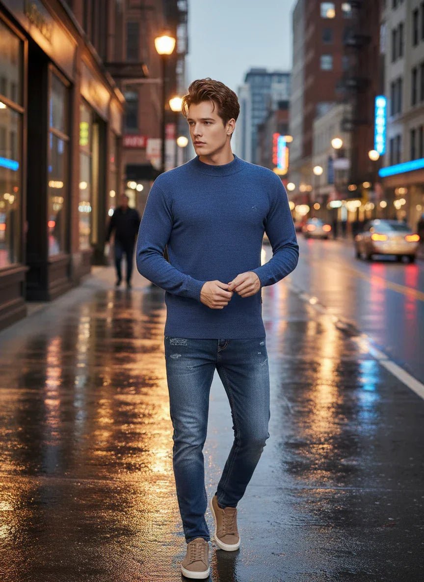 A man wears a 98degreenorth Men’s Light Denim Merino Wool Turtle Neck Sweater on a wet city street at dusk.