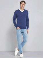 The 98degreenorth Men’s Light Denim Merino Wool V-Neck Sweater is the smart office style essential.
