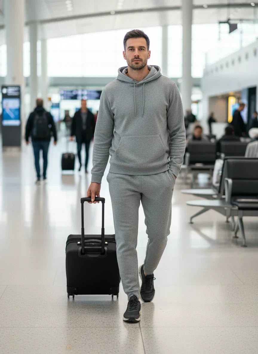 A man wears 98degreenorth Men’s Light Grey Fleece Trackpants with adjustable drawstring while walking through an airport.