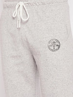 98degreenorth Men's Light Grey French Terry Lycra Trackpants with white drawstrings and logo patch for summer comfort.