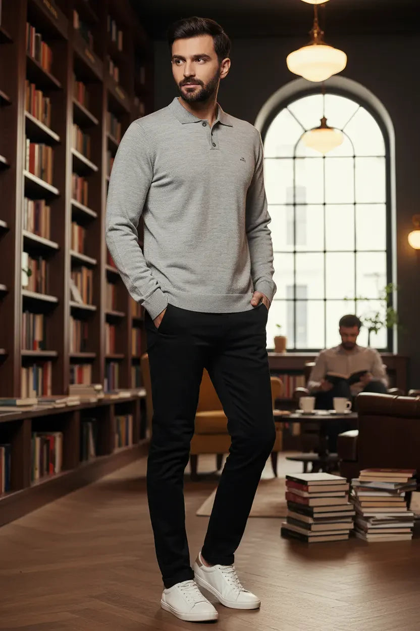 A man wears a 98degreenorth Men’s Light Grey Merino Wool Polo Sweater in a library as someone reads in the background.