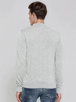 A man in a 98degreenorth Light Grey Merino Wool Polo Sweater, shown from the back against a plain background.
