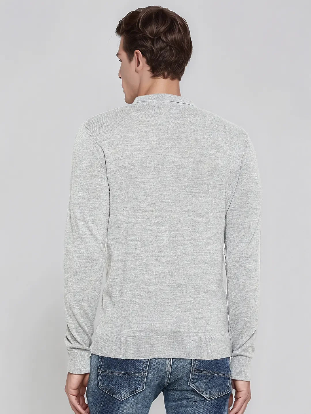 A man in a 98degreenorth Light Grey Merino Wool Polo Sweater, shown from the back against a plain background.