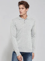 Man in 98degreenorth Men’s Light Grey Merino Wool Polo Sweater, styled with blue jeans, against a light background.