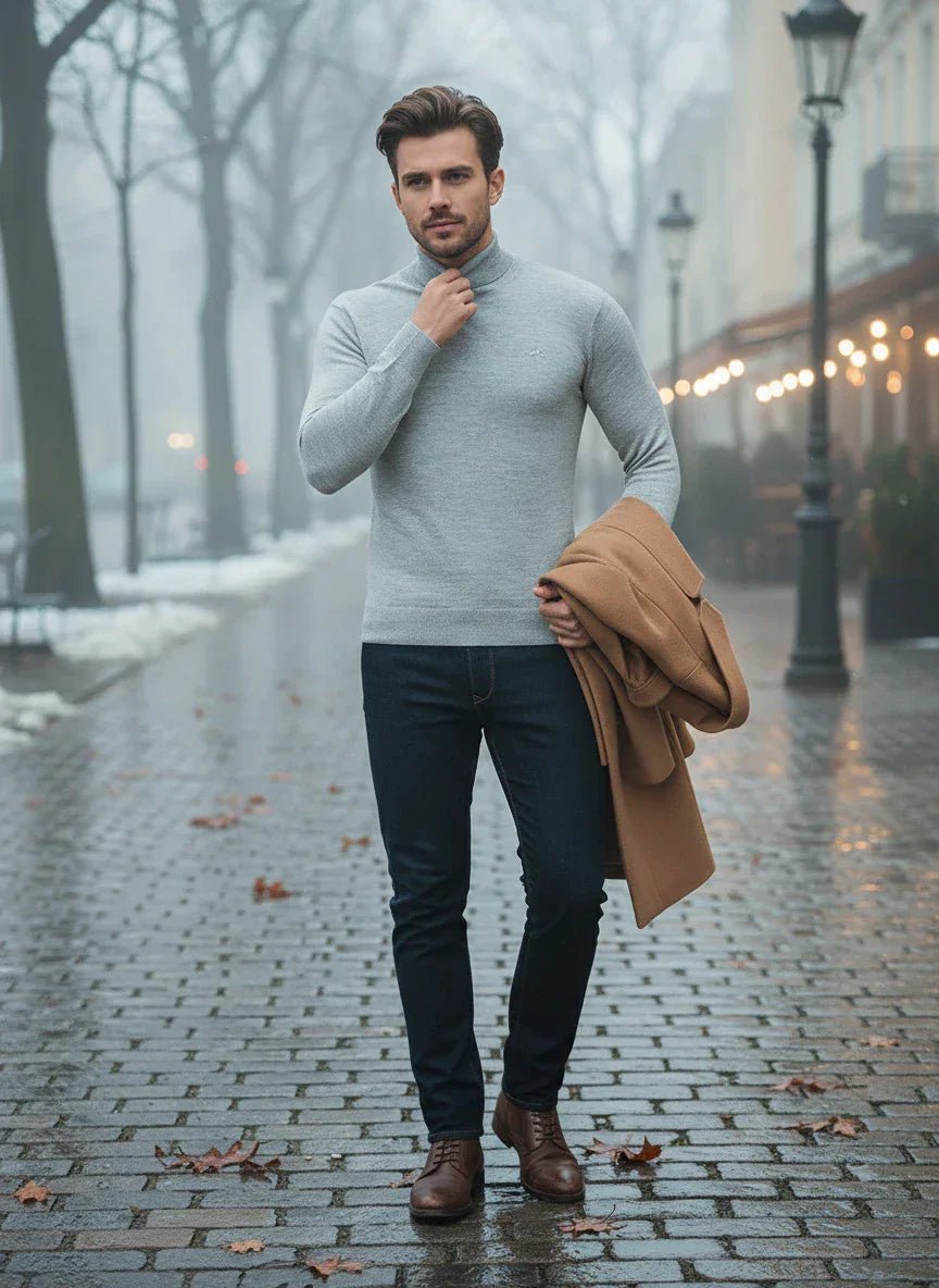 A man in a 98degreenorth Light Grey Merino Wool Turtle Neck walks a wet, foggy street with a tan coat, lights aglow behind.