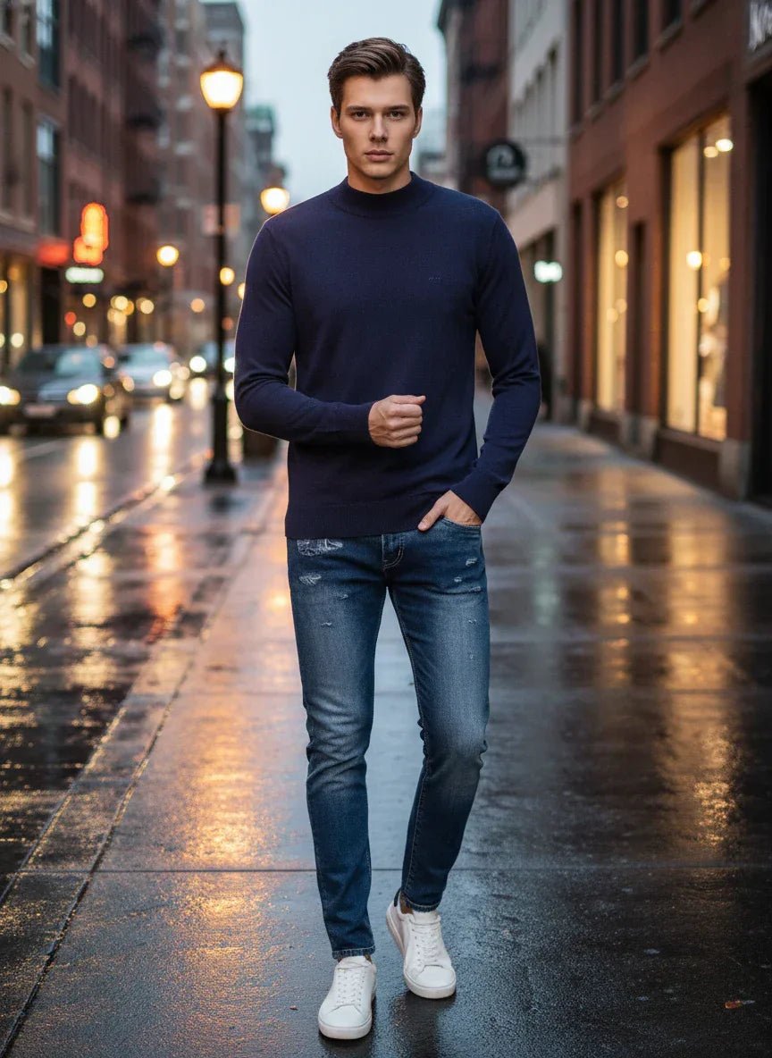 A man in a 98degreenorth Light Navy Merino Wool Turtle Neck Sweater walks on a wet city street at dusk.