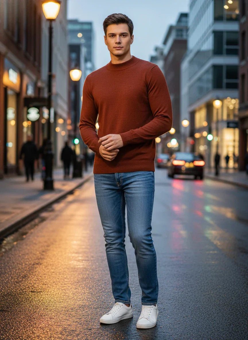 A man wears the 98degreenorth Men’s Maroon Merino Wool Turtle Neck Sweater on a wet city street at dusk.