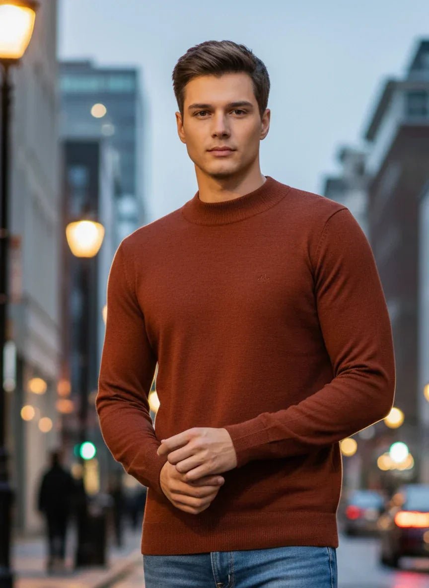 A man wears a 98degreenorth Men’s Maroon Merino Wool Turtle Neck Sweater on a city street at dusk.