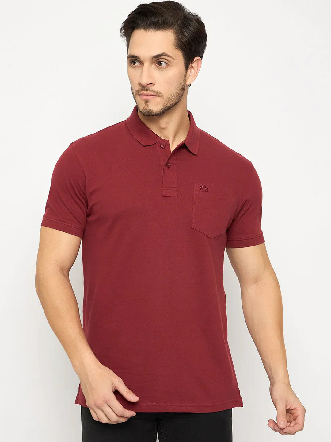 Man in 98degreenorth Men's Maroon Polo T-Shirt, stretch cotton pique with chest pocket, on white background.