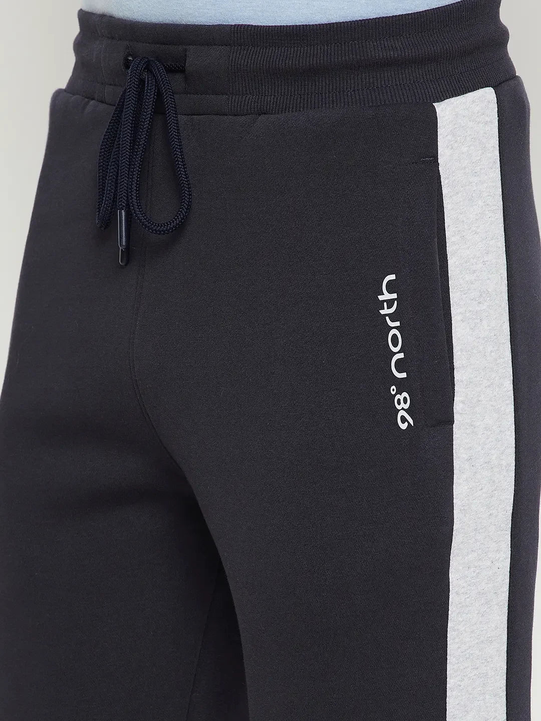 98degreenorth Men’s Navy Fleece Trackpants with contrast side stripe—soft brushed joggers for winter wear.