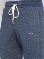 Close-up of 98degreenorth Men’s Navy Jaspe Fleece Trackpants—ultra-soft lounge pants with a drawstring waist.