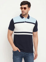 Man in 98degreenorth Men's Navy Sky Blue Colour Block Polo T-Shirt—Pique Knit, sunglasses, and blue jeans.