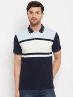 A man wears the 98degreenorth Men's Navy Sky Blue Colour Block Pique Polo T-Shirt against a white background.