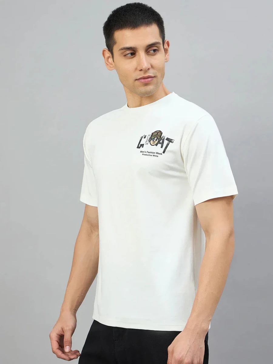 Man in 98degreenorth Men's Off-White Graphic Oversized T-Shirt with GOAT Back Print, against a gray background.
