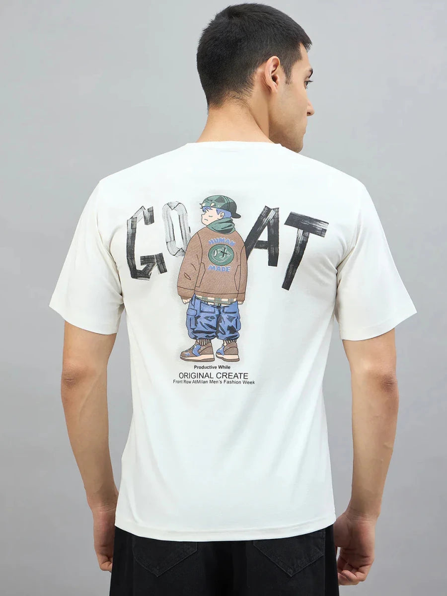 A man wears a 98degreenorth Men's Off-White Graphic Oversized T-Shirt with GOAT back print against a plain background.