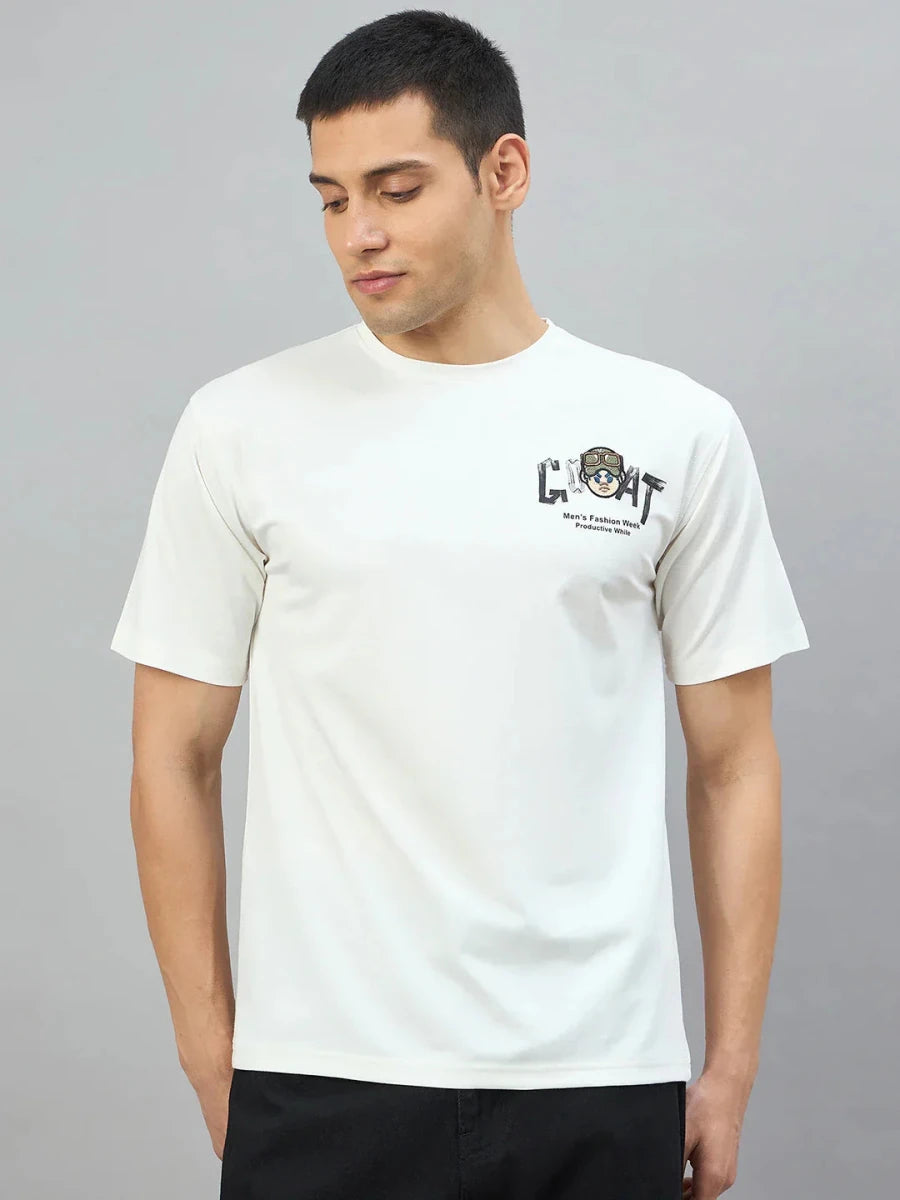 Man wears 98degreenorth Men's Off-White Oversized T-Shirt with GOAT back print, against a gray background.