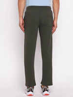A person wears 98degreenorth Men’s Olive Fleece Trackpants—soft brushed joggers—shown from the back.