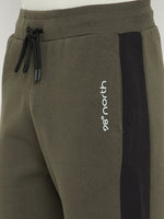 Close-up of 98degreenorth Men’s Olive Fleece Trackpants with Side Panel—premium warm joggers for travel & gym.