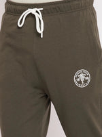 98degreenorth Men's Olive French Terry Lycra Trackpants with white drawstring and circular logo, ideal for summer.