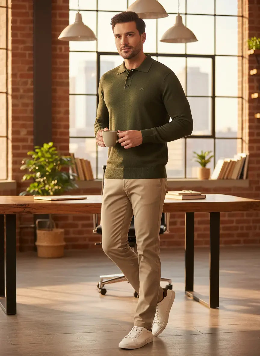 A man in a 98degreenorth Men’s Olive Merino Wool Polo Neck Sweater holds a mug in a modern office with large windows.