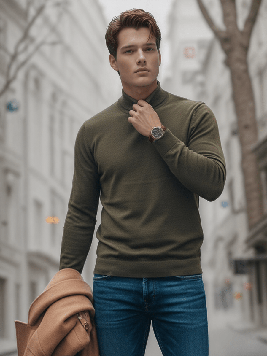 A young man wears the 98degreenorth Men’s Olive Merino Wool Turtle Neck Sweater, standing outdoors with a brown coat.