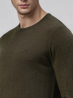 Man in 98degreenorth Men’s Olive Premium Merino Wool Round Neck Sweater with small logo, shown mid-torso.
