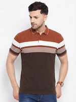 Man wears 98degreenorth Men's Rust Brown Striped Polo T-Shirt, colour block pique knit, with blue jeans.