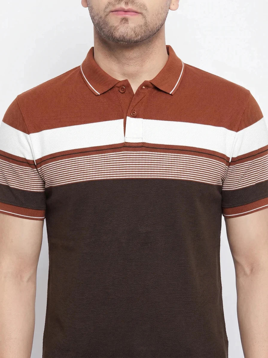 A man wearing the 98degreenorth Rust Brown Striped Polo T-Shirt with white and brown colour block stripes.